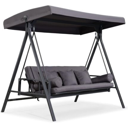 PURPLE LEAF 3-seat Outdoor Patio Porch Swing Adjustable Backrest, Cushions and Pillow Included